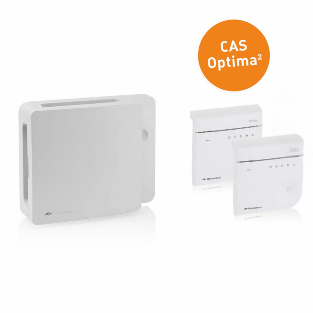 Vraagsturing hoogbouw CAS Optima2 set met 2x ventilatie-sensor RFT CO2 en Vraagsturing hoogbouw CAS Optima regelklep Artikelnummer_ 03-00652