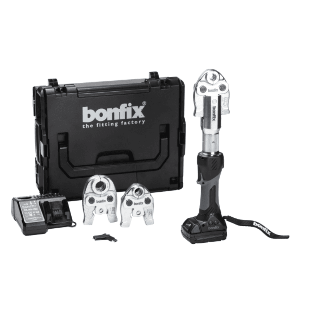 701075 BONFIX versie 2 Sets Machine + accu + lader + bekken in koffer 19kN BONFIX Accu-persmachine 19 kN M-profiel set 12-15-22 mm - Afbeelding 1